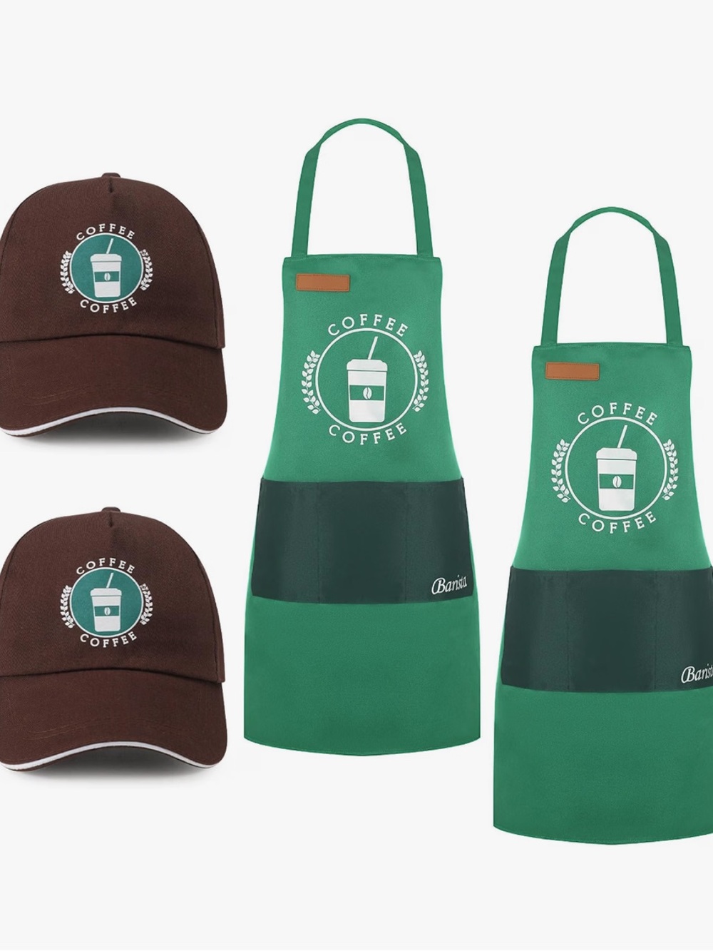 2 Starbucks Inspired Apron and Brown Cap Set- Coffee Shop Uniforms